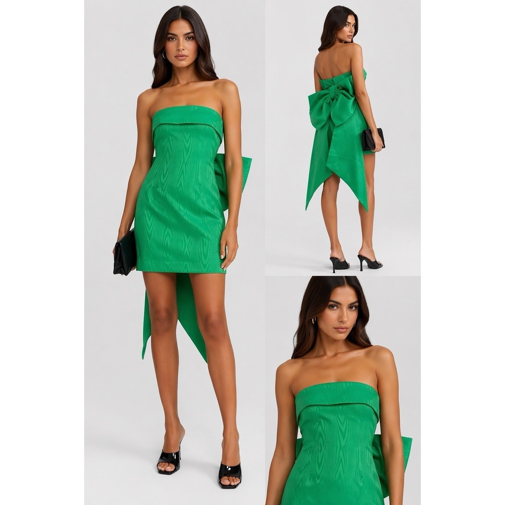 REBECCA VALLANCE Sz 8 Abigail Mini Dress Green Strapless Bow Back Crepe Cocktail
